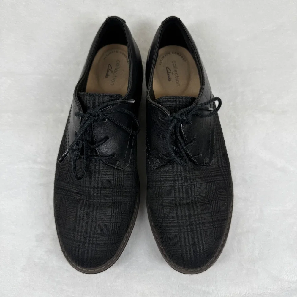 Clarks Sharon Dolly Black Leather Plaid Wedge Platform Oxford Shoes Womens 9‎ M